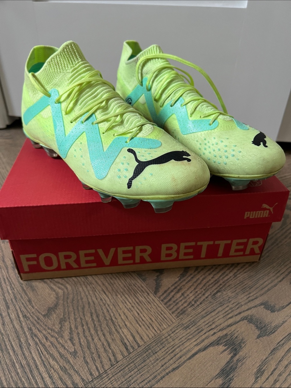 Puma Neon Yellow and Teal Soccer Cleats